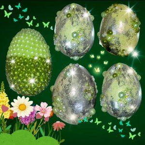 Green Silver Leaf Pearls & Crystal Rhinestone Easter Eggs Set 5, Bling Eggs